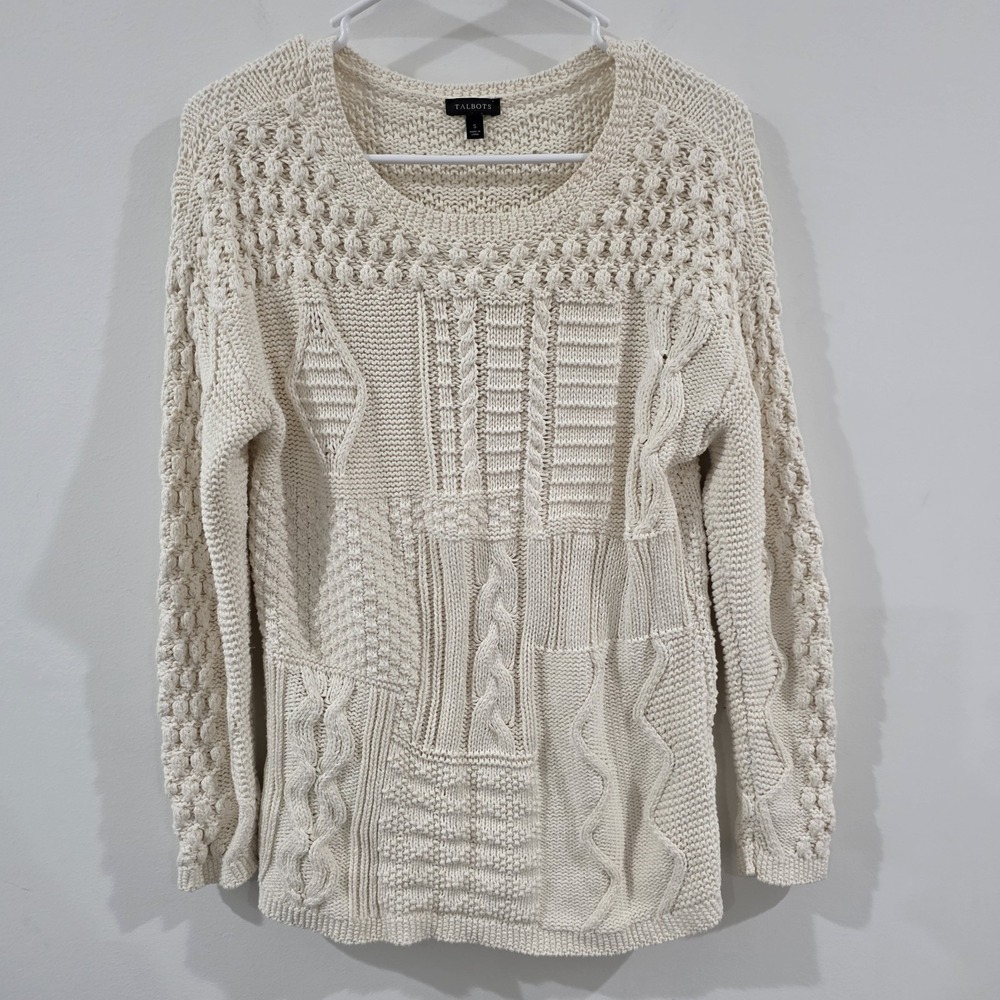 Talbots Womens Cable Knit Fisherman Sweater Size Small Ivory Granola Girl